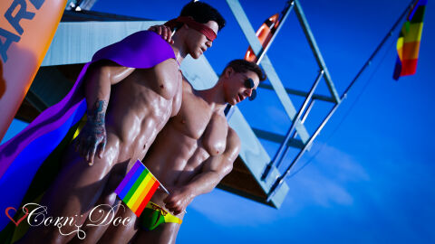 2boys black_hair blindfolded brown_hair cornydoc duo duo_focus friends johnny_cage johnny_cage_(new_era) kenshi_takahashi male male/male male_focus male_only mortal_kombat mortal_kombat_1_(2023) naked netherrealm_studios nude pride_color_flag pride_colors pride_month pride_month_2025 red_blindfold sunglasses