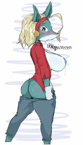 1girls anthro anthro_female ass big_ass big_breasts bikini_top blonde_hair blush breasts clothes_pull female huge_breasts ippan_josei jeans jeans_down jeteggs large_ass large_breasts my_hero_academia nipples_covered open_clothes open_shirt solo solo_female solo_focus