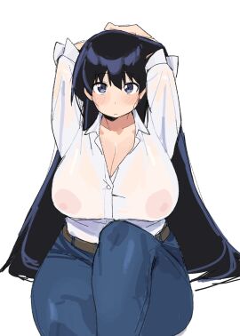 1girls 2025 adjusting_hair areolae areolae_visible_through_clothing arms_up belt big_breasts black_hair blush breasts busty calves cleavage clothed clothed_female clothing curvaceous curvy denim denpatou dress_shirt embarrassed feet_out_of_frame female front_view fully_clothed hair hands_behind_head hi_res human jeans large_areolae large_breasts legs_together light-skinned_female light_skin long_hair looking_at_viewer nagi_arato nipples nipples_visible_through_clothing no_bra purple_eyes ruri_no_houseki ruri_rocks see-through_clothing simple_background sitting solo thick_thighs thighs very_long_hair voluptuous white_background wide_hips