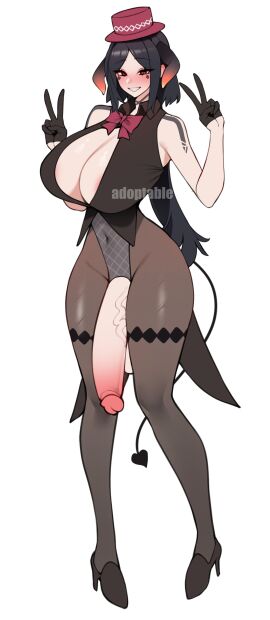 1futa adoptable big_breasts big_penis black_hair blush blushing breasts busty cleavage clothed clothing erection fat_cock futa_only futanari half_gloves hat high_heels huge_breasts huge_cock huge_nipples human intersex large_breasts larger_male light-skinned_futa light_skin long_hair male mostly_clothed peace_sign penis penis_out revealing_clothes solo standing thick thick_penis thick_thighs thighs unbeller veiny_penis