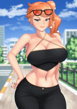 bare_shoulders big_breasts black_nails black_pants blue_sky blurry blurry_background breasts cleavage closed_mouth cloud collarbone crop_top curvy day denim earrings eyewear_on_head female game_freak gold_earrings green_eyes hair_ornament heart heart_hair_ornament highres hoop_earrings jeans jewelry large_breasts lips navel nintendo orange_hair outdoors pants pokemon pokemon_ss pokemon_swsh rocky-ace side_ponytail sky smile solo sonia_(pokemon) stomach sunglasses tinted_eyewear