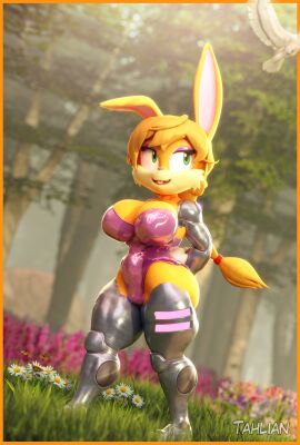 3d big_breasts braided_ponytail breasts bunnie_rabbot cybernetic_limb female forest_background furry leotard sonic_(series) sonic_the_hedgehog_(archie) tahlian