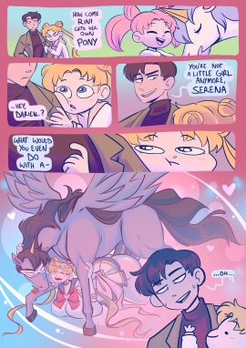 1_horn absurd_res alicorn bishoujo_senshi_sailor_moon black_hair blonde_hair blue_eyes breasts cerealharem cerealharem_(artist) chibi_usa closed_eyes clothed clothed_sex clothing comic dialogue duo english_text equid equine eyebrow_through_hair eyebrows fantasizing feathered_wings feathers female female_penetrated feral feral_penetrating feral_penetrating_human fingers flower flower_in_mouth hair helios_(sailor_moon) hi_res hooves horn horse human human_on_feral human_penetrated humor interspecies large_breasts male male/female male_penetrating male_penetrating_female mammal mamoru_chiba mythological_creature mythological_equine mythology open_mouth open_smile pegasus_(sailor_moon) penetration pink_hair plant quadruped rose_(flower) rose_in_mouth sailor_moon sex skirt smile speech_bubble tail text tongue tongue_out translucent translucent_hair tuxedo_mask usagi_tsukino wings zoophilia