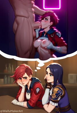 ai_generated alleyway arcane arcane_caitlyn arcane_vi assisted_fellatio balls blowjob blush cheating cheating_girlfriend embarrassed fellatio hand_on_head hi_res high_quality high_resolution highres huge_cock large_breasts league_of_legends looking_up motion_lines muscular_male neon_lights netflix nipples ntr nude_male pink_nipples riot_games saliva saliva_drip saliva_on_penis smile testicles thinking thinking_about_sex thinking_of_someone_else thought_bubble veiny_penis waifumakerart