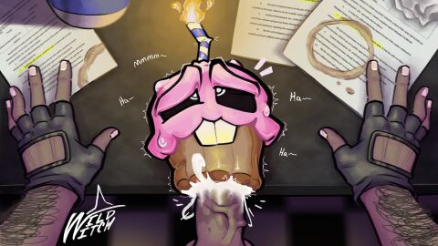 absurd_res ambiguous_gender ambiguous_penetrated animate_inanimate arm_hair bodily_fluids body_hair buckteeth cake candle candlelight cross-eyed cum cumshot cupcake_(fnaf) dark_body dark_skin dessert duo ejaculation fire five_nights_at_freddy's floor food from_front_position furniture genital_fluids genitals hi_res human humanoid humanoid_genitalia humanoid_penis light looking_pleasured lying male male/ambiguous mammal missionary_position object_penetration on_back penetration penis scottgames sex size_difference sweat table teeth tile tile_floor vein veiny_penis wildwitch