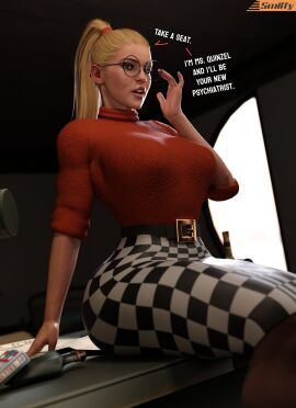 1girls 3d 3d_(artwork) artist_name batman_(series) big_boobs big_breasts big_tits blonde_hair breasts busty clothed clothed_female curvaceous curvy curvy_figure dc dc_comics dialogue dr._harleen_quinzel english_text female female_only fully_clothed glasses harleen_quinzel hourglass_figure huge_breasts large_breasts light-skinned_female light_skin non-nude ponytail psychiatrist sitting sitting_on_desk skirt slim_waist smitty34 solo sweater text thick thick_hips voluptuous voluptuous_female wide_hips