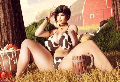 1girls 3d 3d_(artwork) 3d_background ada_wong ada_wong_(adriana) armwear bikini bikini_bottom bikini_top bracelet breasts breasts_bigger_than_head capcom cow_girl cow_horns cow_print cow_print_bikini cowbell farm female resident_evil resident_evil_2 resident_evil_2_remake sekaithereturn solo_female solo_focus solo_girl solo_woman sunglasses sunglasses_removed wristwear