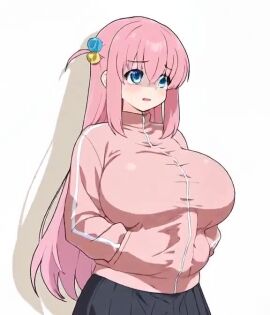 2d 2d_animation black_skirt blue_eyes blush bocchi_the_rock! breasts cube_hair_ornament fanged_bangs female flying_sweatdrops gotoh_hitori hair_between_eyes hair_ornament hands_in_pockets highres huge_breasts implied_erection jacket long_hair long_sleeves masturbation masturbation_through_clothing one_side_up open_mouth pink_hair pink_jacket shaded_face shirogane_hakuba simple_background skirt solo tagme track_jacket video white_background