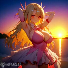1girls 2025 adult adult_woman aegis_elysium afternoon afternoon_sky ai-generated ai_art ai_generated alternate_breast_size arm_up armpit armpits arms_up big_breasts blushing_at_viewer blushing_female braless breasts cleavage close-up cloud clouds cute day daylight detailed_background detailed_shading dress elbow_gloves fate/stay_night fate_(series) female_focus gloves hair_ornament headpiece hi_res high_quality high_res high_resolution huge_breasts illyasviel_von_einzbern lake lakeside large_breasts light long_hair magical_girl magical_girl_outfit medium_skirt mount mountain mountains nervous night older older_female photoshoot pose pov praise_the_sun red_eyes sand seductive_look shiny shiny_skin short short_skirt shy skindentation skirt sky solo solo_focus sun sunlight sunset sunset_sky sunshine thick_breasts tiara topless topless_female tree trees upper_body very_long_hair water watermark waves white_hair