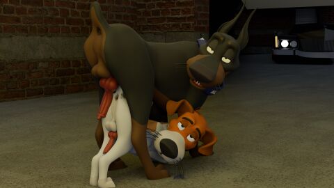 3d absurd_res animal_genitalia animal_penis anus balls bent_over canid canine canine_genitalia canine_penis canis car desoto_(disney) digital_media_(artwork) disney dobermann dodger_(oliver_and_company) doggy_style domestic_dog duo feral from_behind_position gaping gaping_anus genitals half-closed_eyes hi_res male male/male mammal narrowed_eyes oliver_and_company penis pinscher redneck_redoubt sex vehicle