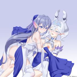 2girls absurdres after_kiss artist_name blue_eyes blush breasts chinese_commentary closed_mouth commentary_request dated dress duel_monster female gloves grabbing_another's_breast gradient_background grey_eyes groping hand_on_another's_face highres horns kitkallos_(yu-gi-oh!) labrynth_of_the_silver_castle large_breasts long_hair looking_at_viewer lovely_labrynth_of_the_silver_castle multiple_females multiple_girls nipples panties pointy_ears purple_background purple_hair pussy pussy_juice rare_lemon saliva saliva_trail slit_pupils smile straddling tearlaments_kitkallos tearlaments_series_(yu-gi-oh!) thighhighs underwear white_background white_dress white_gloves white_hair white_panties white_thighhighs yu-gi-oh! yuri