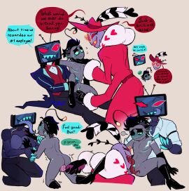 3boys baxter_(hazbin_hotel) boots clitoral_stimulation clitoris clothed clothed_sex cunnilingus dialogue female gloves hazbin_hotel humanoid male male/male mastectomy_scar nebulabunny praise pussy tdick top_surgery_scars transgender_male valentino_(hazbin_hotel) vibrator_on_pussy vivienne_medrano vivziepop vox_(hazbin_hotel) yaoi