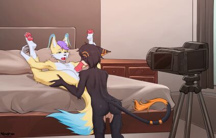 absurd_res anthro bed bedroom camera canid canine domestic_cat duo felid feline felis fellatio femboy flexible fox furniture hair hi_res holding_both_legs holding_legs_back holding_own_legs legs_behind_head legs_up lloxie_(character) looking_pleasured male male/male mammal niko_(sonofan) nonbinary_(lore) oral penile penis phasefox purple_hair sex sonofan spread_legs spreading