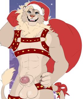 absurd_res anthro balls erection fur genitals harness hi_res looking_at_viewer male mane muscular omez open_mouth penis piercing smile standing teeth tongue tuft