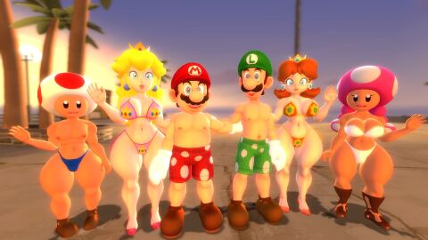 3boys 3d 3girls alternate_version_available beach big_breasts big_thighs bikini black_eyes blonde_hair blue_eyes boots boxers breasts brown_hair cap crown curvy earrings female flower_earrings ginger_hair gloves heels kabalmystic_(style) light-skinned_female light-skinned_male light_skin lips lipstick long_hair looking_at_viewer luigi male mario mario_(series) moustache multiple_boys multiple_females multiple_girls multiple_males nintendo nipples open_mouth outdoors pink_lipstick princess_daisy princess_peach shoes shoulder_length_hair speedo swimsuit thhypercombine thighs toad_(mario) toadette twintails white_gloves