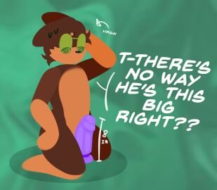 anthro bodily_fluids brown_body brown_fur canid canine dildo english_text fur hailey_png hi_res lucas_(hailey_png) male mammal sex_toy simple_background solo sweat tan_body tan_fur text virgin