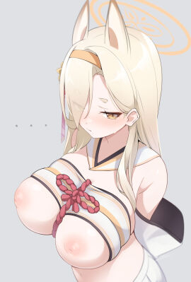 ... 1girls allied_hyakkiyako_academy_student animal_ears arms_behind_back bare_belly bare_breasts bare_midriff bare_navel bare_nipples bare_shoulders bare_skin bare_torso blonde-haired_female blonde_eyebrows blonde_female blonde_hair blue_archive blush blush_lines blushing_at_viewer blushing_female breasts detached_sleeves embarrassed embarrassed_female embarrassed_nude_female eyebrows_visible_through_hair female female_only fox_ears grey_background hair_ornament hair_ornaments hair_over_one_eye hairband halo hands_behind_back hourglass_figure inverted_nipples kaho_(blue_archive) large_breasts light-skinned_female light_skin long_hair looking_at_viewer mole mole_under_mouth nipples red_rope rope simple_background skirt slender_body slender_waist slim_female slim_waist solo sweat thick_eyebrows thin_waist wide_hips wide_sleeves xlyami yellow-eyed_female yellow_eyes yellow_halo yin-yang_club_(blue_archive)