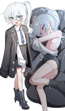 absurdres after_sex after_vaginal artist_request black_boots black_jacket black_skirt blue_eyes blue_necktie boots breasts closed_mouth collared_shirt commission covered_nipples cum cum_in_pussy cumdrip female grey_hair highres jacket jacket_on_shoulders long_hair looking_at_viewer monocle multiple_views necktie open_mouth original panties panty_pull pussy second-party_source shirt shirt_tucked_in side_ponytail skirt small_breasts smile standing stow-on-side underwear white_panties white_shirt