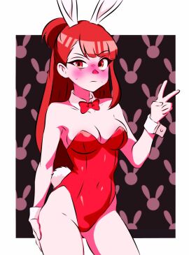 4_ears akko_kagari atsuko_kagari b1iz4rd bare_arms bare_thighs blush breasts brown_hair bunny_ears bunny_girl bunny_tail bunnysuit cleavage cowboy_shot embarrassed female female_focus female_only hand_on_hip kagari_atsuko little_witch_academia long_hair medium_breasts multi_ear navel_line peace_sign petite petite_body ponytail pose posing red_bunnysuit red_eyes red_theme slim_waist thick_thighs thighs