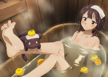 bare_arms bare_belly bare_legs bare_shoulders bare_thighs barefoot bath bathing bathtub belly_button blush body_blush breasts brown_hair casual_nudity chomusuke closed_mouth collarbone completely_nude convenient_censoring crossed_legs faithful_to_the_anime feet female kono_subarashii_sekai_ni_shukufuku_wo! megumin nude official_art partially_submerged pointy_chin red_eyes short_hair small_breasts smile steam thighs toes towel_on_head wet_body wet_hair