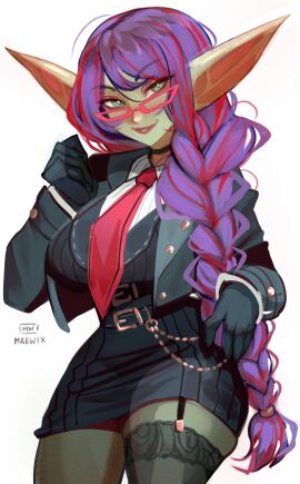 1girls absurd_res big_breasts braid breasts choker clothing female female_only glasses gloves goblin goblin_female gobtober gobtober_2024 green_eyes green_skin long_ears long_hair looking_at_viewer maewix1 pointy_ears purple_hair red_highlights smiling smiling_at_viewer solo solo_female stockings suit white_background