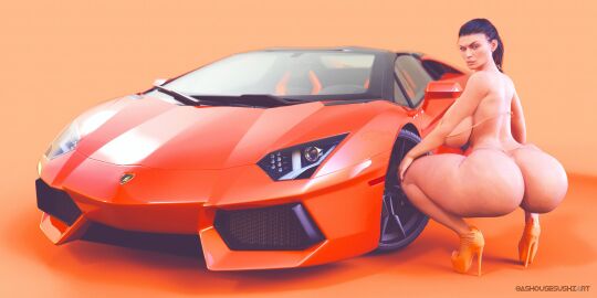 3d alternate_breast_size alternate_version_available ass ass_bigger_than_head ass_focus bimbo bimbo_body black_hair breasts busty car curvaceous curvy_figure female female_focus female_only fetish heel_boots heels_only high_heels huge_ass lamborghini long_hair mature_female medium_breasts milf platform_heels solo