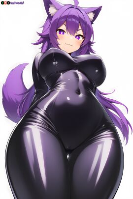 ai_generated big_breasts breasts cameltoe curvy cute dog_ears dog_girl doggirl female female_focus highres hips huge_boobs huge_breasts kemonomimi latex light_skin light_skinned_female long_hair patreon_username petgirl petite purple_ears purple_eyes purple_hair purple_tail self_upload skin_tight thick_thighs thighs tight_clothing tori toriwoofs watermark wavy_hair white_skin white_skinned_female wide_hips wolf_ears