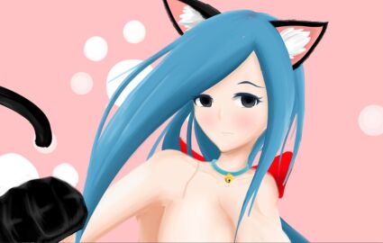 1girls belly blue_hair blush bow breasts cat_ears close-up collar collarbone color coppermine_(battle_cats) digital_media_(artwork) extremely_long_hair female full_version_request galaxy_gals grey_eyes large_breasts light_skin long_hair looking_at_viewer nude nyanko_daisensou paws roadpow tail teenager the_battle_cats