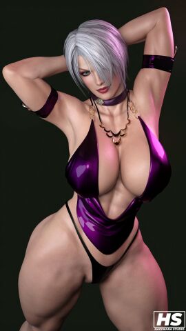 1girls 3d armband arms_behind_head artist_signature ass big_ass big_breasts big_hips big_thighs black_panties black_underwear breasts busty cleavage clothes deep_cleavage female female_only front_view hagiwara_studio hair_over_one_eye human human_only isabella_valentine looking_at_viewer neckwear no_pants panties pantsless purple_topwear short_hair simple_background solo solo_female soul_calibur standing thick_thighs three-quarter_portrait underwear white_hair