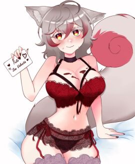 1girls animal_ears animal_tail big_breasts black_nails blush bra breasts chocolate chocolate_on_breasts cleavage cuchu_nemurin embarrassed female female_focus female_only fox_ears fox_girl fox_tail front_view grey_hair hispanic_virtual_youtuber holding_card holding_object latam_virtual_youtuber light-skinned_female light_skin lingerie lowres short_hair simple_background sitting smiling solo solo_female spanish_text thighhighs thong two-tone_hair valentine's_day virtual_youtuber vtuber vtuberfanart white_background yanderelive yellow_eyes