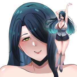 azuma_fubuki blue_hair breasts cleavage curvaceous female hair_over_one_eye large_breasts long_hair mato_seihei_no_slave milf skirt thighs uniform wide_hips yellow_eyes