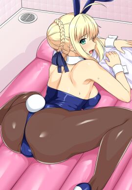 1girls :d ahoge air_mattress animal_ears artoria_pendragon artoria_pendragon_(fate) artoria_pendragon_(saber) ass ass_focus bathroom big_ass big_breasts blonde_hair blue_footwear blue_leotard blue_ribbon braided_bun braided_hair breasts commentary_request detached_collar fake_animal_ears fake_tail fate/grand_order fate/stay_night fate/zero fate_(series) female female_only green_eyes hair_ribbon haruhisky high_heels highres huge_ass large_breasts leotard light-skinned_female medium_breasts open_mouth pillow playboy_bunny rabbit_ears rabbit_tail ribbon saber saber_(fate) sideboob smile soapland solo sweat tail tile_wall tiles tongue white_wrist_cuffs wrist_cuffs