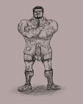 anl_leo balls bara beard body_hair boner crossed_arms erection facial_hair grey_hair male male_only monkey_d_garp monochrome muscles muscular old_male one_piece pantsless penis solo solo_male yaoi