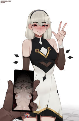 1girls 2d areolae armpits arms_up artist_name bare_breasts bare_shoulders belly belly_button black_hairband blush breasts cleavage clothing collarbone covering_face dark-skinned_male dark_skin detached_sleeves digital_drawing_(artwork) dress epic_games female female_focus fortnite fortnite:_battle_royale hairband highres juxtaposition laying_on_back lexa_(fortnite) light_skin lilatole looking_at_viewer lying male medium_breasts navel nipples nude nude_female phone phone_screen photo_comparison pink_nipples pov princess_lexa_(fortnite) red_eyes ruined_reputation smile solo_female standing v white_background white_hair