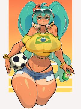 1girls ass beads big_ass big_breasts big_thighs brazil brazilian brazilian_female brazilian_miku breasts cyan_eyes cyan_hair female female_only gigantic_breasts gigantic_thighs hatsune_miku huge_ass huge_breasts huge_thighs latin_american_hatsune_miku_(meme) long_hair looking_at_viewer shirt shorts solo sweat sweatdrop sweating tagme takyzen tan tan_body thick_hips thick_thighs thighs thong twintails vocaloid waist_beads whale_tail whale_tail_(clothing) yellow_shirt