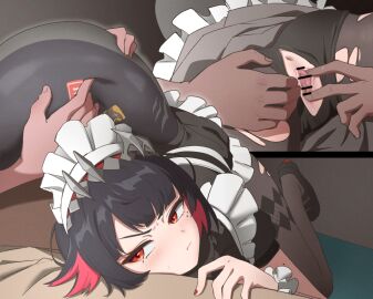 1girls 2boys bar_censor black_hair black_pantyhose black_shorts breasts censored colored_inner_hair commentary_request ellen_joe female fingering fingering_partner fins fish_tail grabbing_another's_tail groping maid maid_headdress male mole mole_under_eye multicolored_hair multiple_boys multiple_males nail_polish paid_reward_available pantyhose puffy_short_sleeves puffy_sleeves pussy red_eyes red_hair red_nails shark_girl shark_tail short_sleeves shorts spread_pussy tail torn_clothes torn_pantyhose two-tone_hair victoria_housekeeping yamomo yamomono zenless_zone_zero