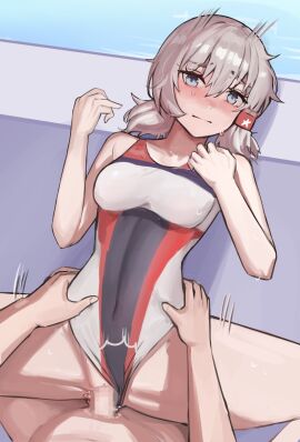 1boy azur_lane blue_eyes blush breasts censored closed_mouth clothed_sex clothing_aside commission competition_swimsuit denver_(azur_lane) female grey_hair hair_ornament looking_at_viewer male medium_breasts medium_hair missionary motion_lines multicolored_swimsuit one-piece_swimsuit paid_reward_available penis poolside pussy sex skeb_commission solokitsune spread_legs straight swimsuit swimsuit_aside torso_grab vaginal_penetration water