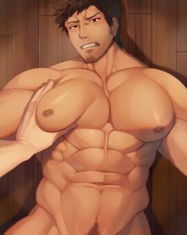 1boy 1other abs ambiguous_gender bara beard_stubble beefy big_areola big_breasts blush breast_squeeze breasts breasts_bigger_than_head brown_eyes brown_hair collarbone completely_nude frown gay grabbing grabbing_breasts gritted_teeth half-closed_eyes hi_res looking_at_viewer lying lying_on_back male masculine_male mature_male muscles muscular muscular_arms muscular_chest muscular_male nude offscreen_character open_legs oppai original original_character pecs plump_breasts resisting resisting_pleasure short_hair six_pack soft_breasts squeezing squeezing_breast steam steamy_breath suzuoni sweat sweatdrop thick_neck veiny_arms veiny_muscles wooden_floor yaoi