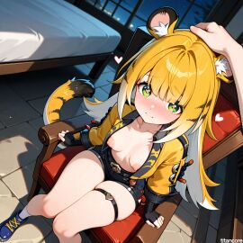 (titancore) ai_generated animal_humanoid blush copper curvy_figure cute_girl female girl good_girl green_eyes hearts_around_head jacket ju_fufu ju_fufu_(zenless_zone_zero) monster_girl open_jacket puffy_nipples sitting_on_chair small_breasts thick_thighs thiren tiger_ears tiger_girl tiger_humanoid tiger_stripes tiger_tail video_game_character zenless_zone_zero