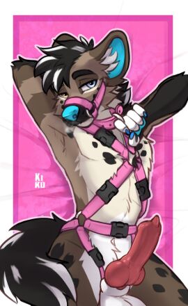 2024 animal_genitalia animal_penis anthro bed big_penis biped blue_eyes brown_body brown_fur canine_genitalia canine_penis collar countershade_fur countershading erection fur furniture genitals harness heterochromia hi_res hyena inviting_to_sex kiro_fennec knot leather leather_collar looking_at_viewer lying male mammal muzzle_(object) o_rings on_back on_bed penis slim_anthro slim_male solo white_body white_countershading white_fur yellow_eyes