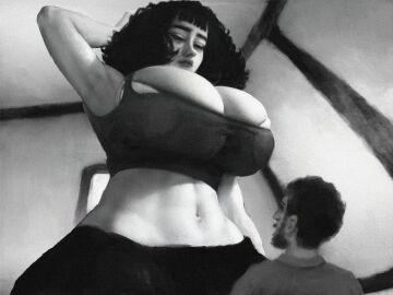 1boy 1girls amazon big_breasts black_and_white black_hair breasts clothed clothed_female clothed_male dominant_female female giantess height_difference isabel_(kazarinka) kazarinka_(artist) large_female larger_female light-skinned_female light_skin looking_down looking_up male mini_giantess no_color original original_character pale-skinned_female pale_skin size_difference smaller_male toned toned_female