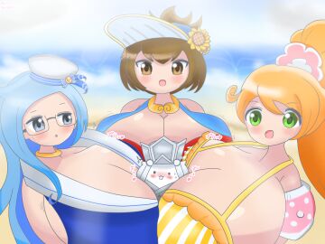 1boy 3girls barely_contained beach bikini blue_eyes blue_hair blush breast_expansion breast_growth breast_growth_(enlargement) breasts breasts_bigger_than_head brown_eyes brown_hair clothed collar color coppermine_(battle_cats) cute digital_media_(artwork) extremely_long_hair feline female full_body_paizuri galaxy_gals green_eyes hat huge_breasts human hyper_breasts journey_to_the_west kai_(battle_cats) kuu_(battle_cats) large_breasts light_skin long_hair looking_at_viewer male motion_lines nyanko_daisensou ocean orange_hair paizuri ponytail popkun_dao sailor_bikini sailor_collar sailor_hat sanzo_cat_(battle_cats) short_hair smile sunbeam sweat teenager the_battle_cats triple_paizuri visor water_wings