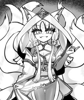 1girls arahime_the_manifested_mikanko breasts clothed duel_monster female fox_ears fox_girl hu-li_the_jewel_mikanko keigo monochrome moving_skirt multi_tail possessed pussy smile tail tails tight_clothing vulva_line yu-gi-oh!