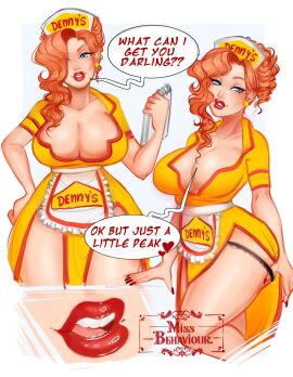 1girls 2d artist_name big_breasts bishoujomom_(juliette_michele) breasts clothing denny's earrings english_text female female_only heart juliette_michele light-skinned_female light_blue_eyes light_skin makeup mature mature_female milf_dennys missbehaviour model mole mole_under_eye notebook orange_hair real_person red_hair red_lipstick red_nail_polish red_nails simple_background standing text uniform watermark white_background