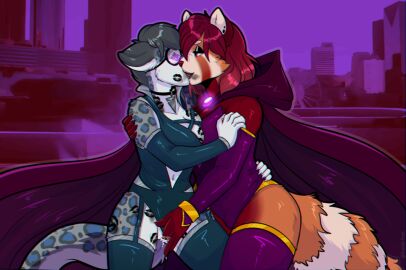 2020 5_fingers ailurid anthro arm_warmers armwear black_arm_warmers black_armwear black_cape black_clothing black_latex black_legwear black_leotard black_lipstick black_thigh_highs breasts cape clothed clothed_anthro clothed_female clothing clothing_aside duo eye_contact eyewear felid female female/female finger_fuck fingering fingering_partner fingers fur garter_straps genderswap genderswap_(mtf) glowing glowing_eyes goggles grey_body grey_fur hair hypnosis jewelry kayz_(snepkayz) kiss_mark kiss_mark_on_breast kiss_mark_on_face kiss_mark_on_leg kiss_mark_on_neck kiss_on_lips kissing latex latex_arm_warmers latex_armwear latex_clothing latex_legwear latex_leotard latex_thigh_highs legwear leotard lipstick looking_at_another makeup mammal markings mind_control mtf_crossgender multicolored_body multicolored_fur necklace orange_body orange_fur pantherine purple_eyes pussy red_body red_fur red_hair red_panda rose_red_(scarlet-frost) rule_63 scarlet-frost sex snow_leopard spots spotted_body spotted_fur superhero supervillain tail thigh_highs vaginal_penetration white_body white_fur