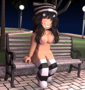 1girls 3d bench black_hair black_socks blender breasts female female_only hat headphones night nipples pussy roblox roblox_avatar robloxian smile socks solo solo_female stripped_socks tarsto thigh_socks thighhighs white_socks