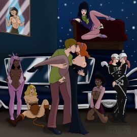 1boy 8girls black_hair breasts car clothing daphne_blake dark-skinned_female elvira elvira:_mistress_of_the_dark female hanna-barbera human kissing male male/female multiple_females multiple_girls penis penis_in_pussy pussy red_hair rysujoncyogur scooby-doo shaggy_rogers straight straight_sex yuri
