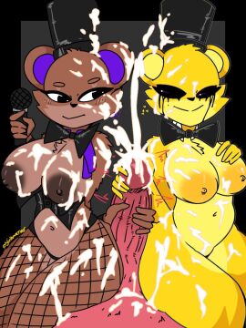 animatronic anthro ass bear black_eyes bodily_fluids bow_tie breasts brown_body clothing collaborative collaborative_handjob collaborative_sex cum cum_everywhere cum_on_breasts cum_on_face cum_on_penis cumshot double_handjob ejaculation electronics excessive_cum excessive_genital_fluids female fishnet_clothing fishnet_legwear five_nights_at_freddy's five_nights_at_fuzzboob's foxy_(fnaf) freddy_(fnaf) futanari genital_fluids genitals golden_freddy_(fnaf) grin group handjob hat headgear headwear intersex legwear machine male male/female mammal messy microphone nude nude_anthro nude_female penile penis red_body red_penis robot scottgames sex slinkmayker smile thick_thighs top_hat trio yellow_body
