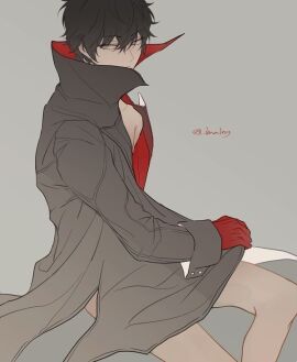 asian_twink black black_coat black_hair hiding_erection hiding_penis joker_(persona) male male_only no_sound no_visible_genitalia penis persona persona_5 persona_5_royal phantom_thief_suit red red_gloves ren_amamiya tagme trenchcoat twink