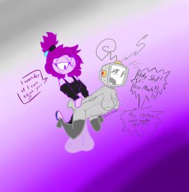 1futa 1girls anal_sex balls bent_over bitwily bolt_4200 bottomless breasts bulge clothed clothing dialogue duo english_text ere_(bitwily) erection female futa_on_female futanari glasses grey_skin huge_cock humanoid humanoid_penis hyper_balls hyper_penis intersex iris_(bolt_4200) kneeling nude nude_female partially_clothed penis pink_body pink_skin purple_hair robot_girl screen_face spread_legs stretched_anus sweating text text_bubble thigh_highs thighhighs tv_head tv_woman visible_penis_shape